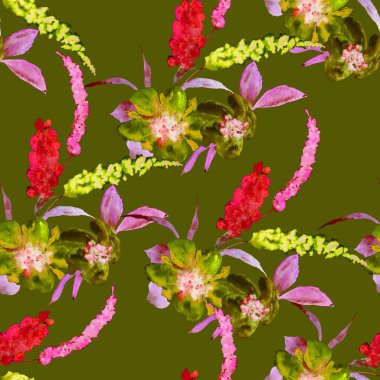 Suluboya desenli, elle çizilmiş çiçekler. Herhangi bir amaç için parlak bahar ya da yaz baskısı. Dekoratif çiçek deseni. Renkli doğa arkaplanı.