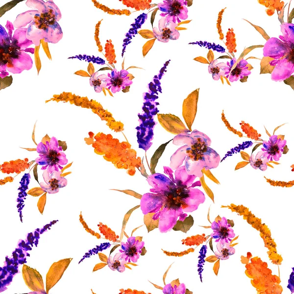手描きの花と水彩シームレスパターン どんな目的のための明るい春または夏の印刷 装飾的な花のパターン カラフルな自然背景 — ストック写真