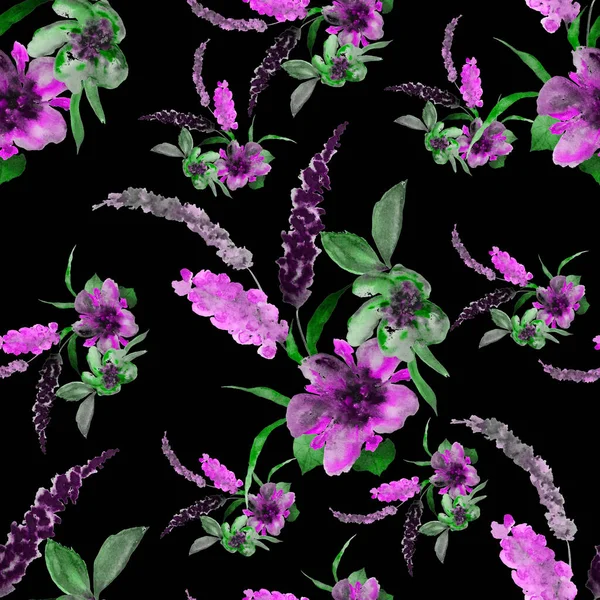Aquarell Nahtloses Muster Mit Handgezeichneten Blumen Auf Schwarz Heller Frühlings — Stockfoto