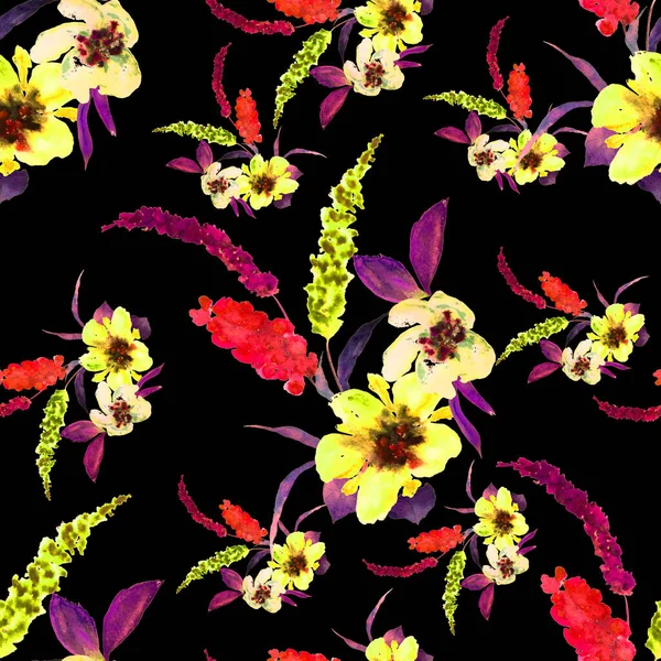 手で水の色シームレスなパターンは黒に花を描く どんな目的のための明るい春または夏の印刷 装飾的な花のパターン カラフルな自然背景 — ストック写真