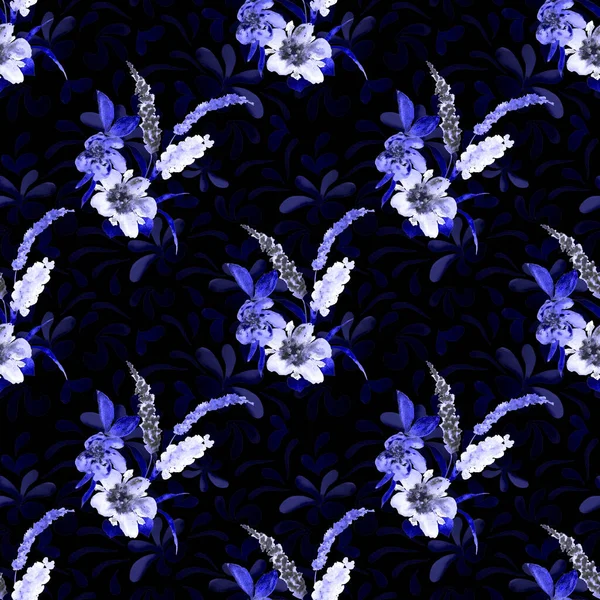 Watercolor seamless pattern with hand draw flowers on black. Bright spring or summer print for any purposes. Decorative floral pattern. Colorful nature background.