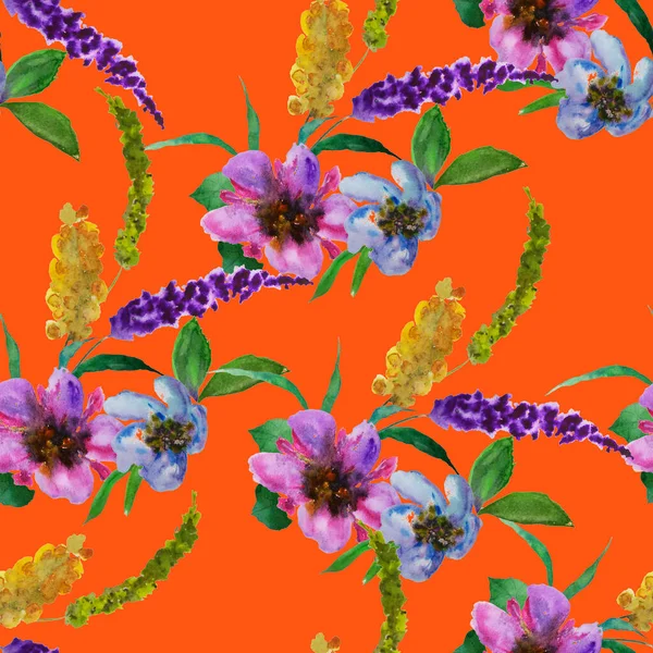 手描きの花と水彩シームレスパターン どんな目的のための明るい春または夏の印刷 装飾的な花のパターン カラフルな自然背景 — ストック写真