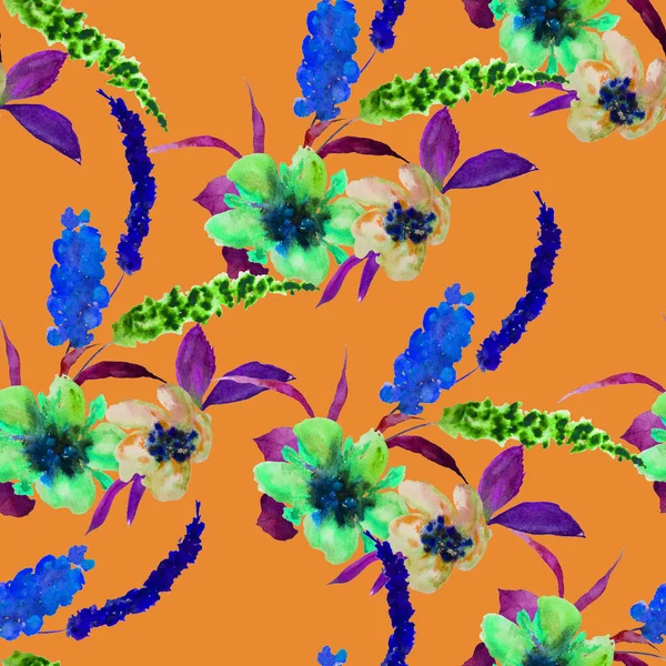 Акварель Бесшовный Узор Ручной Рисовать Цветы Яркая Весенняя Летняя Печать — стоковое фото