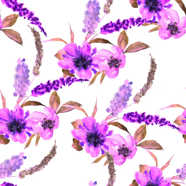 Akvarel Bezešvný Vzor Ručně Kreslit Květiny Jasné Jaro Nebo Léto — Stock fotografie