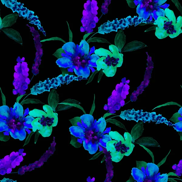 Patrón Sin Costura Acuarela Con Flores Dibujo Mano Negro Impresión — Foto de Stock