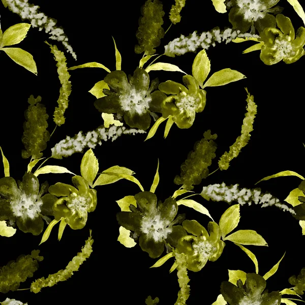 Акварельний Безшовний Візерунок Ручним Малюнком Квітів Чорному Яскравий Весняний Або — стокове фото