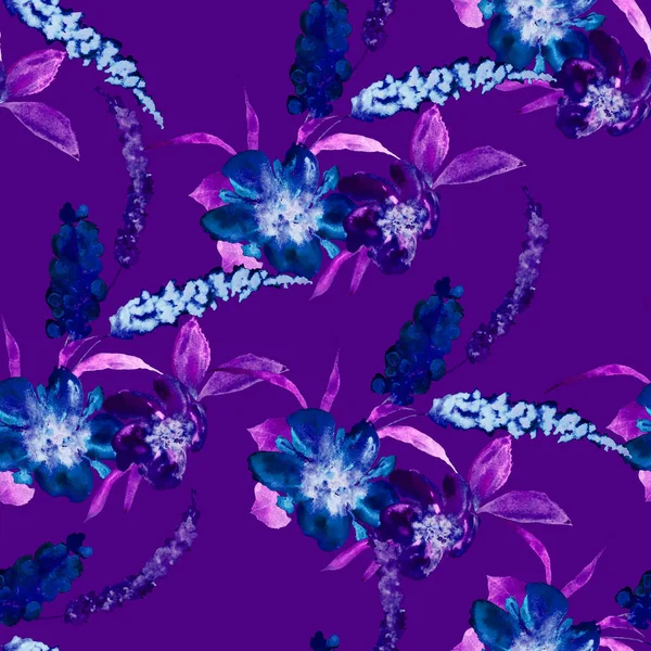 Patrón Sin Costura Acuarela Con Flores Dibujo Mano Impresión Brillante —  Fotos de Stock