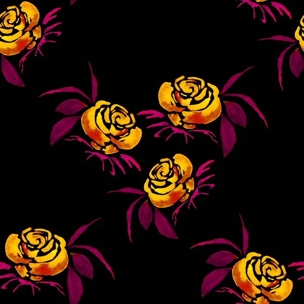 Урожай Акварельний Безшовний Візерунок Трояндовими Квітами Чорному Яскравий Весняний Або — стокове фото