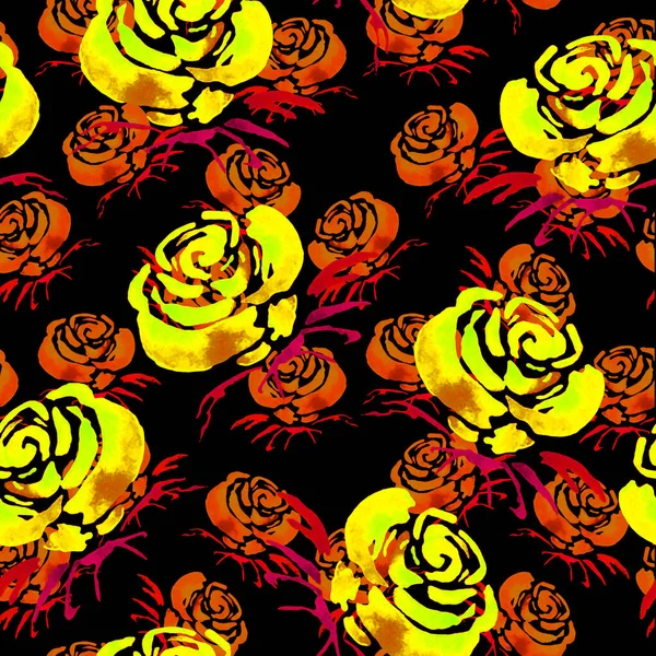 Урожай Акварельний Безшовний Візерунок Трояндовими Квітами Чорному Яскравий Весняний Або — стокове фото