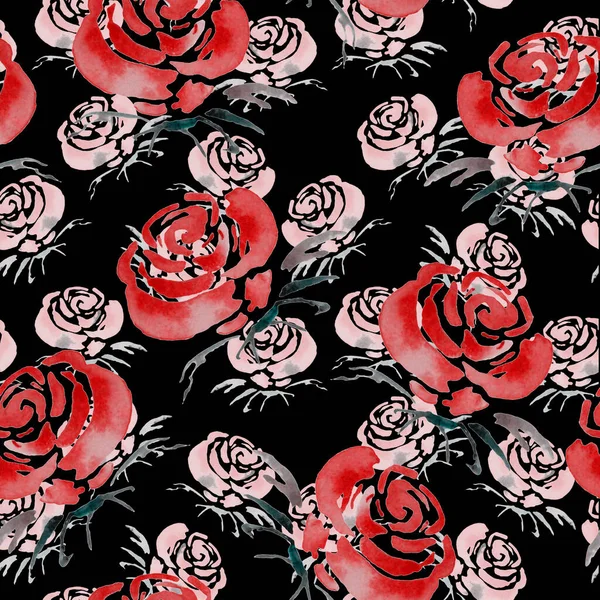 Vintage Watercolor Seamless Pattern Rose Flowers Black Bright Spring Summer — Stock Photo, Image