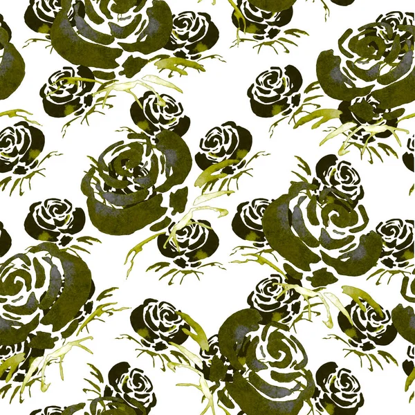 Урожай Акварельний Безшовний Візерунок Трояндовими Квітами Прикраси Дизайну Монохромний Весняний — стокове фото
