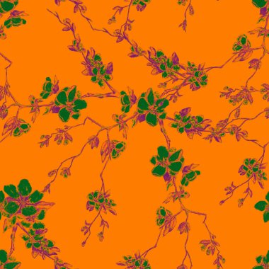 Süslü suluboya desenli ve güzel kiraz dalları var. Bahar çiçeği izi. El çizimi. Renkli doğa arkaplanı.