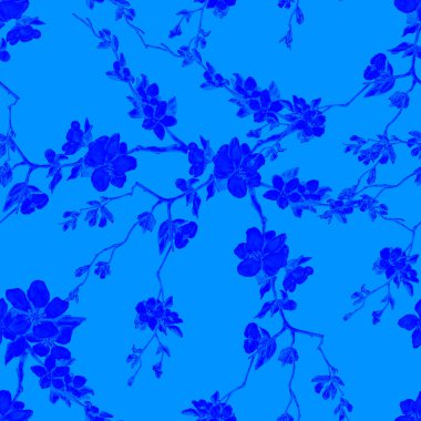 Süslü suluboya desenli ve güzel kiraz dalları var. Bahar çiçeği izi. Tek renkli doğa arkaplanı.