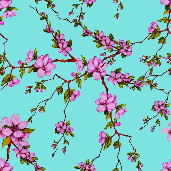装饰水彩画无缝图案与美丽的樱桃枝 春天的花纹 手拉手五彩斑斓的自然背景 — 图库照片