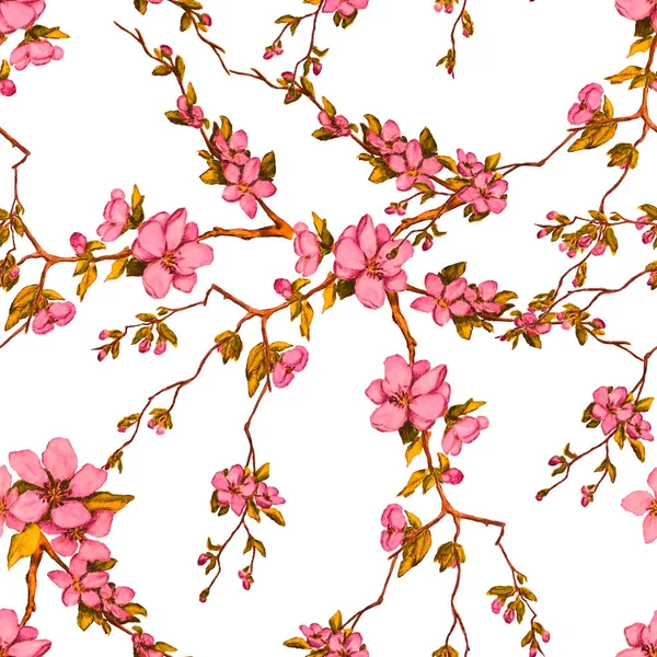 Decorative Watercolor Seamless Pattern Beautiful Cherry Branches Spring Floral Print — Stock Photo, Image