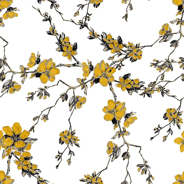 Patrón Acuarela Decorativa Oro Sin Costuras Con Hermosas Ramas Cerezo —  Fotos de Stock