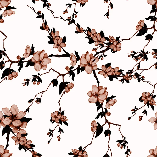 装饰水彩画无缝图案与美丽的樱桃枝 春天的花纹 单色自然背景 — 图库照片