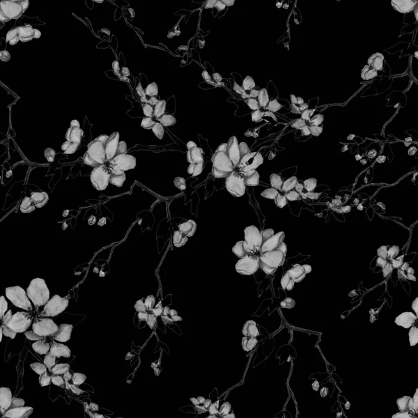 Süslü Suluboya Desenli Güzel Kiraz Dalları Var Bahar Çiçeği Izi — Stok fotoğraf