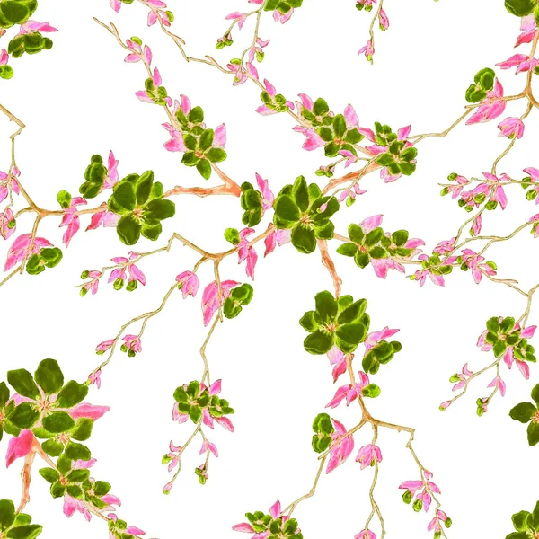 Decorative Watercolor Seamless Pattern Beautiful Cherry Branches Spring Floral Print — Stock Photo, Image