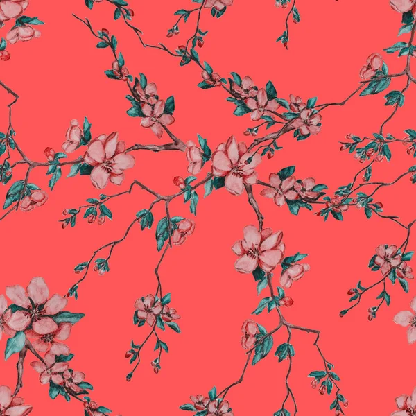 Decorative Watercolor Seamless Pattern Beautiful Cherry Branches Spring Floral Print — Stock Photo, Image