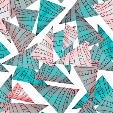 Soyut geometrik şekilli, dikişsiz suluboya desen. Üçgenler. Her türlü tasarım için renkli bir doku. Grafik olarak soyut bir arkaplan. Çağdaş sanat. 