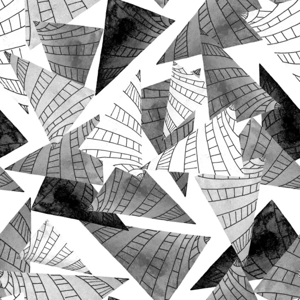 抽象的な幾何学的な形状を持つ水彩シームレスパターン 三角形だ どんなデザインにも使えるモノクロームの質感 グラフィック抽象的な背景 現代美術 — ストック写真