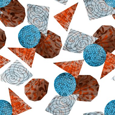 Soyut geometrik şekilli, dikişsiz suluboya desen. Kolaj. Her türlü tasarım için renkli bir doku. Grafik olarak soyut bir arkaplan. Çağdaş sanat. 