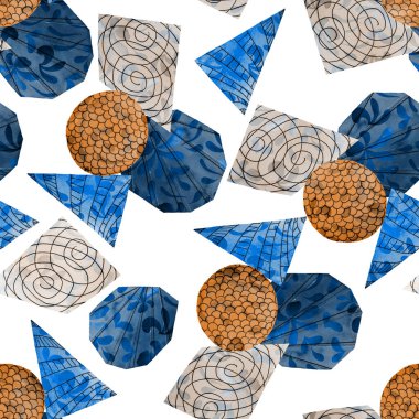 Soyut geometrik şekilli, dikişsiz suluboya desen. Kolaj. Her türlü tasarım için renkli bir doku. Grafik olarak soyut bir arkaplan. Çağdaş sanat. 