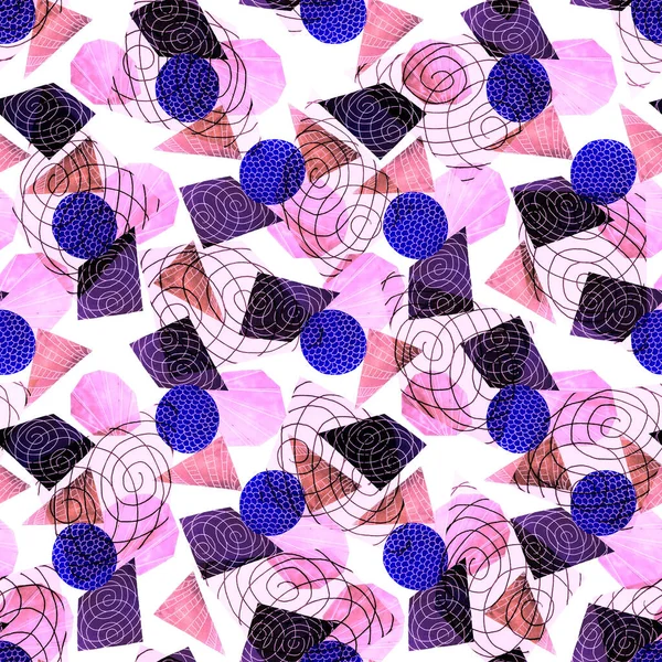 Watercolor seamless pattern with abstract geometric shapes. Collage. Colorful texture for any kind of a design. Graphic abstract background. Contemporary art.