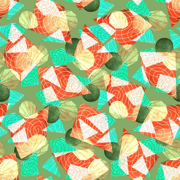 Watercolor seamless pattern with abstract geometric shapes. Collage. Colorful texture for any kind of a design. Graphic abstract background. Contemporary art.