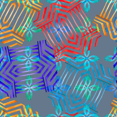 Soyut geometrik şekilli, dikişsiz suluboya desen. Her türlü tasarım için renkli bir doku. Çağdaş sanat. Moda modern tarzı.