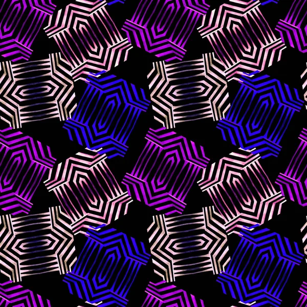 Aquarell Nahtloses Muster Mit Abstrakten Geometrischen Formen Auf Schwarz Bunte — Stockfoto