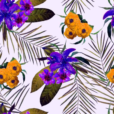 Hawaii çiçeksiz, suluboya tropikal çiçekli bir baba. Egzotik çiçek deseni. Renkli bahar ya da yaz doğa arka planı.