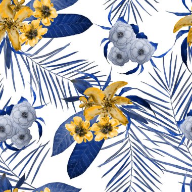 Hawaii çiçeksiz, suluboya tropikal çiçekli bir baba. Egzotik çiçek deseni. Renkli bahar ya da yaz doğa arka planı.