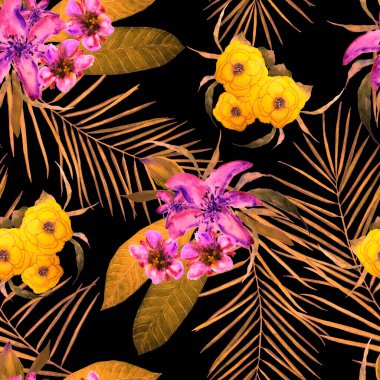 Siyah üzerine tropik çiçekli, suluboya babadan kalma Hawaii çiçekleri. Egzotik çiçek deseni. Renkli bahar ya da yaz doğası 