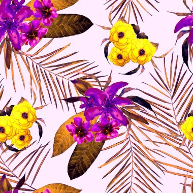 Hawaii çiçeksiz, suluboya tropikal çiçekli bir baba. Egzotik çiçek deseni. Renkli bahar ya da yaz doğa arka planı.