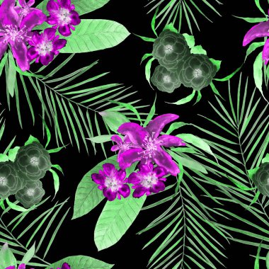 Siyah üzerine tropik çiçekli, suluboya babadan kalma Hawaii çiçekleri. Egzotik çiçek deseni. Renkli bahar ya da yaz doğası 
