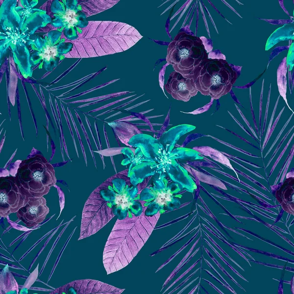 Гавайські Квіткові Безшовні Патерни Акварельними Тропічними Квітами Екзотичний Квітковий Друк — стокове фото