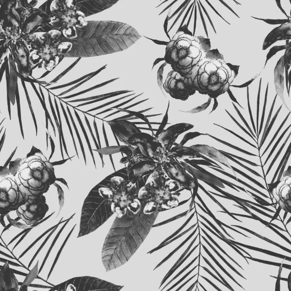 Hawaiian floral seamless patern with watercolor tropical flowers. Exotic floral print. Monochrome spring or summer nature background.