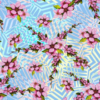 Süslü suluboya desenli ve güzel kiraz dalları var. Bahar çiçeği izi. El çizimi.