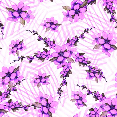 Süslü suluboya desenli ve güzel kiraz dalları var. Bahar çiçeği izi. El çizimi.