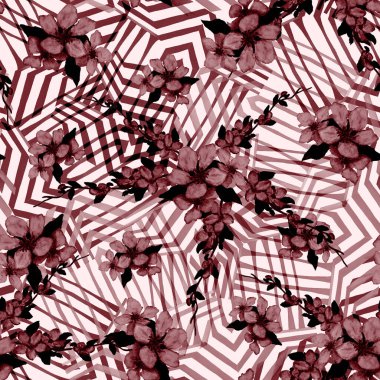 Süslü suluboya desenli ve güzel kiraz dalları var. Tek renkli bahar çiçeği desenli. El çizimi.