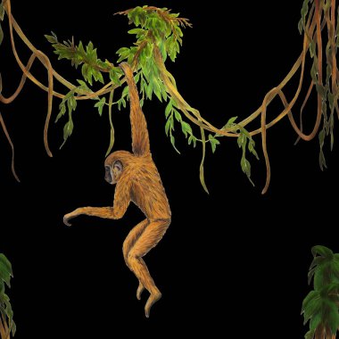 Tropikal ormanlardaki maymunlarla yaratıcı, pürüzsüz bir düzen. Her amaçla siyah üzerine parlak yaz hayvan baskısı. Moda biçimi.