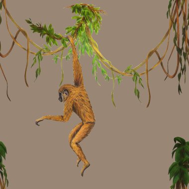 Tropikal ormanlardaki maymunlarla yaratıcı, pürüzsüz bir düzen. Herhangi bir amaç için parlak yaz hayvan baskısı. Moda biçimi.