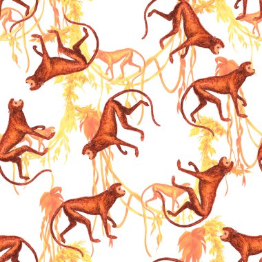 Tropikal ormanlardaki maymunlarla yaratıcı, pürüzsüz bir düzen. Herhangi bir amaç için parlak yaz hayvan baskısı. Moda biçimi.