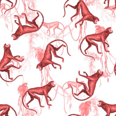 Tropikal ormanlardaki maymunlarla yaratıcı, pürüzsüz bir düzen. Herhangi bir amaç için parlak yaz hayvan baskısı. Moda biçimi.