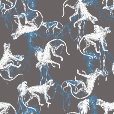 Tropikal ormanlardaki maymunlarla yaratıcı, pürüzsüz bir düzen. Herhangi bir amaç için parlak yaz hayvan baskısı. Moda biçimi.