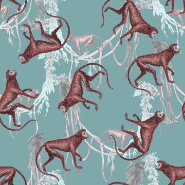 Tropikal ormanlardaki maymunlarla yaratıcı, pürüzsüz bir düzen. Herhangi bir amaç için parlak yaz hayvan baskısı. Moda biçimi.