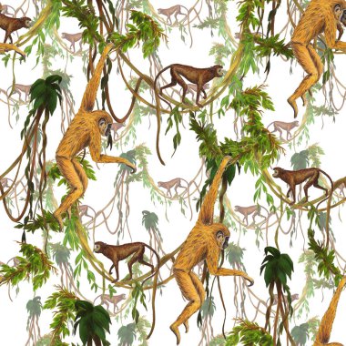 Tropikal ormanlardaki maymunlarla yaratıcı, pürüzsüz bir düzen. Herhangi bir amaç için parlak yaz hayvan baskısı. Moda biçimi.