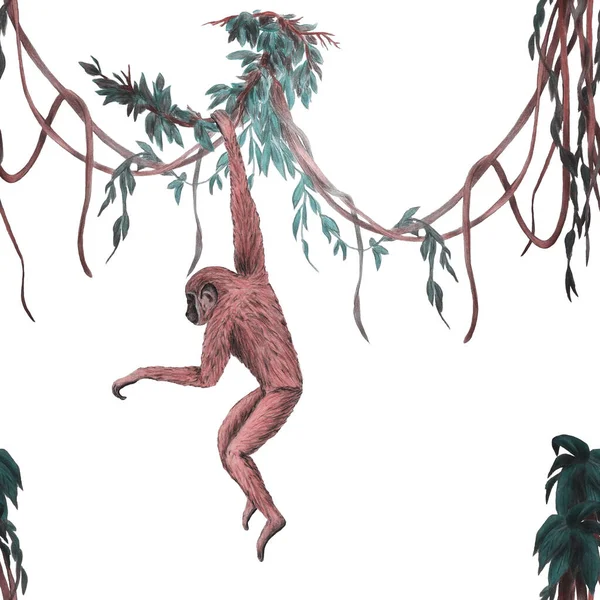 Kreativní Bezproblémový Vzor Opicemi Tropickém Lese Jasná Letní Zvířecí Stopa — Stock fotografie
